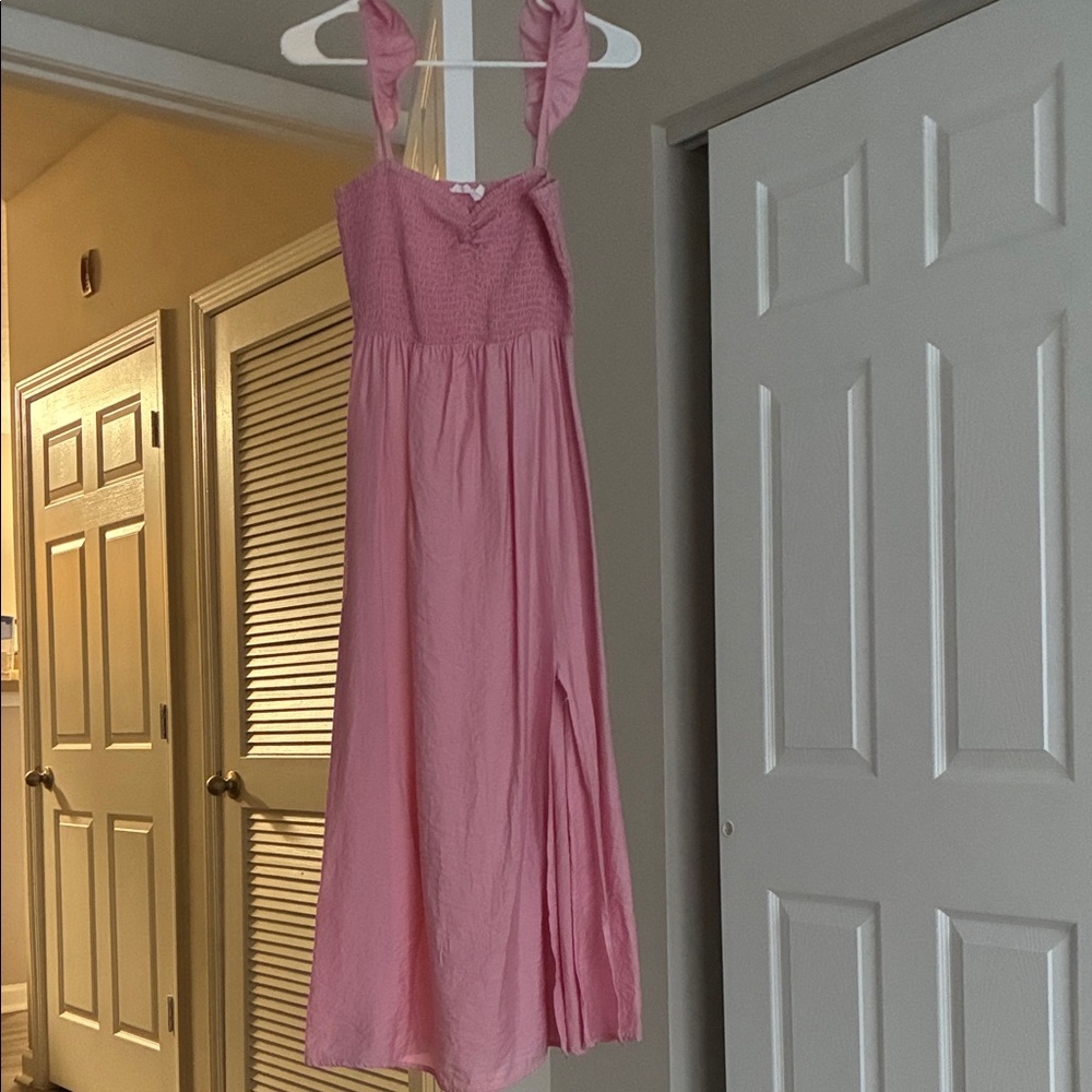 Smocked Pink Midi Dress with Tie Straps